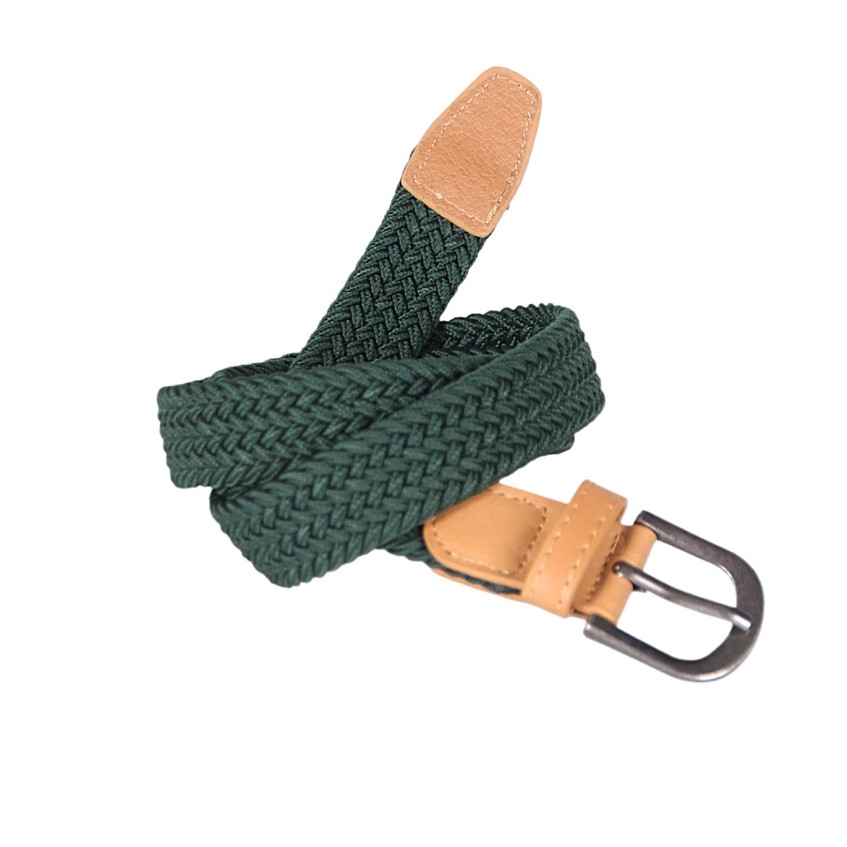 Girls' forest green braided stretch belt with tan leather details and metal buckle