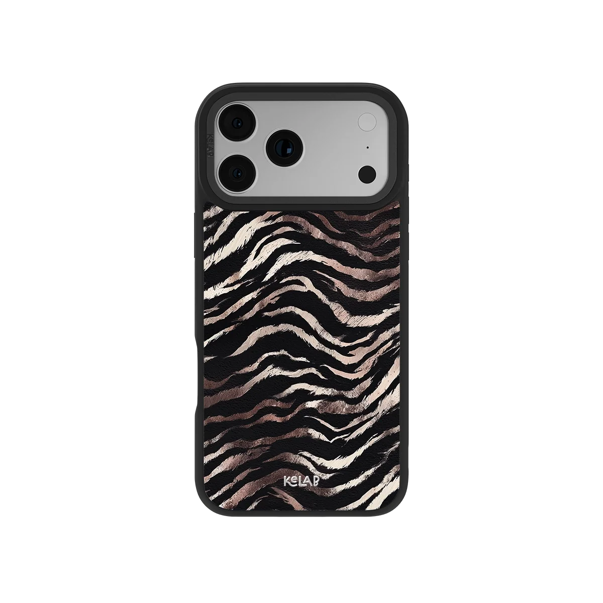 Zebra stripe iPhone case with a black border and wide camera opening