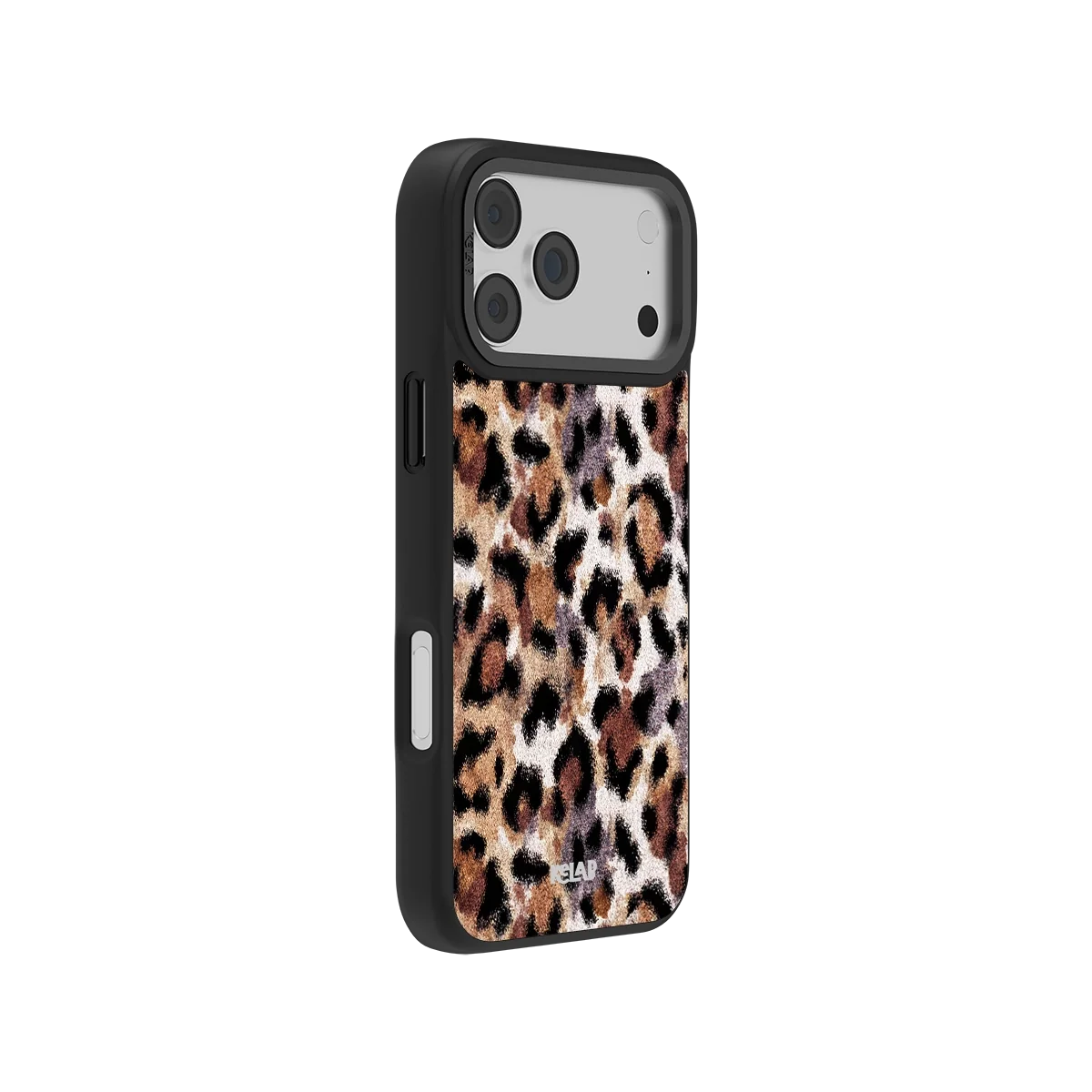 Sahara Plush cheetah-print iPhone case shown from the side with raised black edges