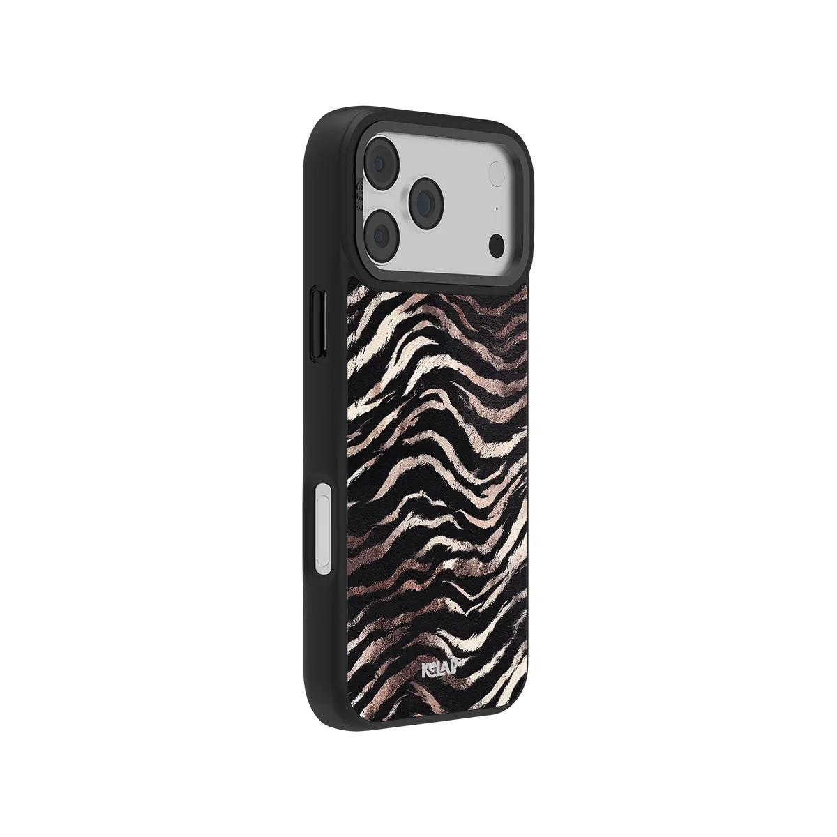 Zebra stripe iPhone case shown at an angle with a thick black bumper and side buttons