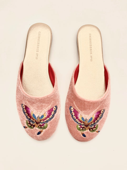 Dusty pink velvet mules with colorful butterfly embroidery, slip-on open back