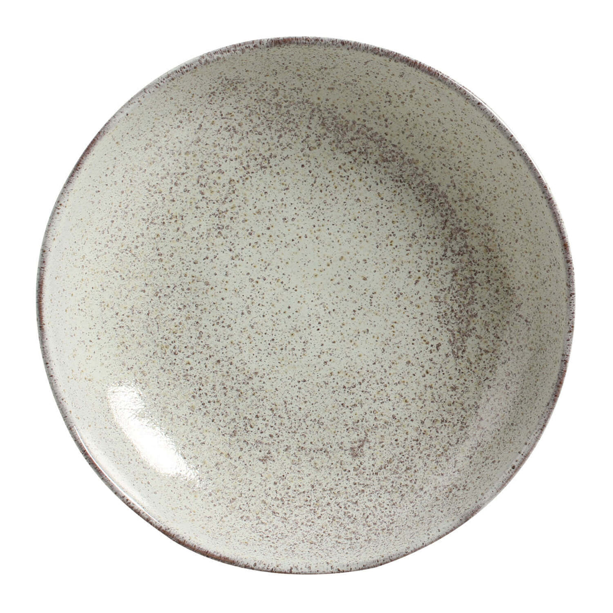 Light speckled pasta plate with reactive glaze, round shallow bowl and rim.