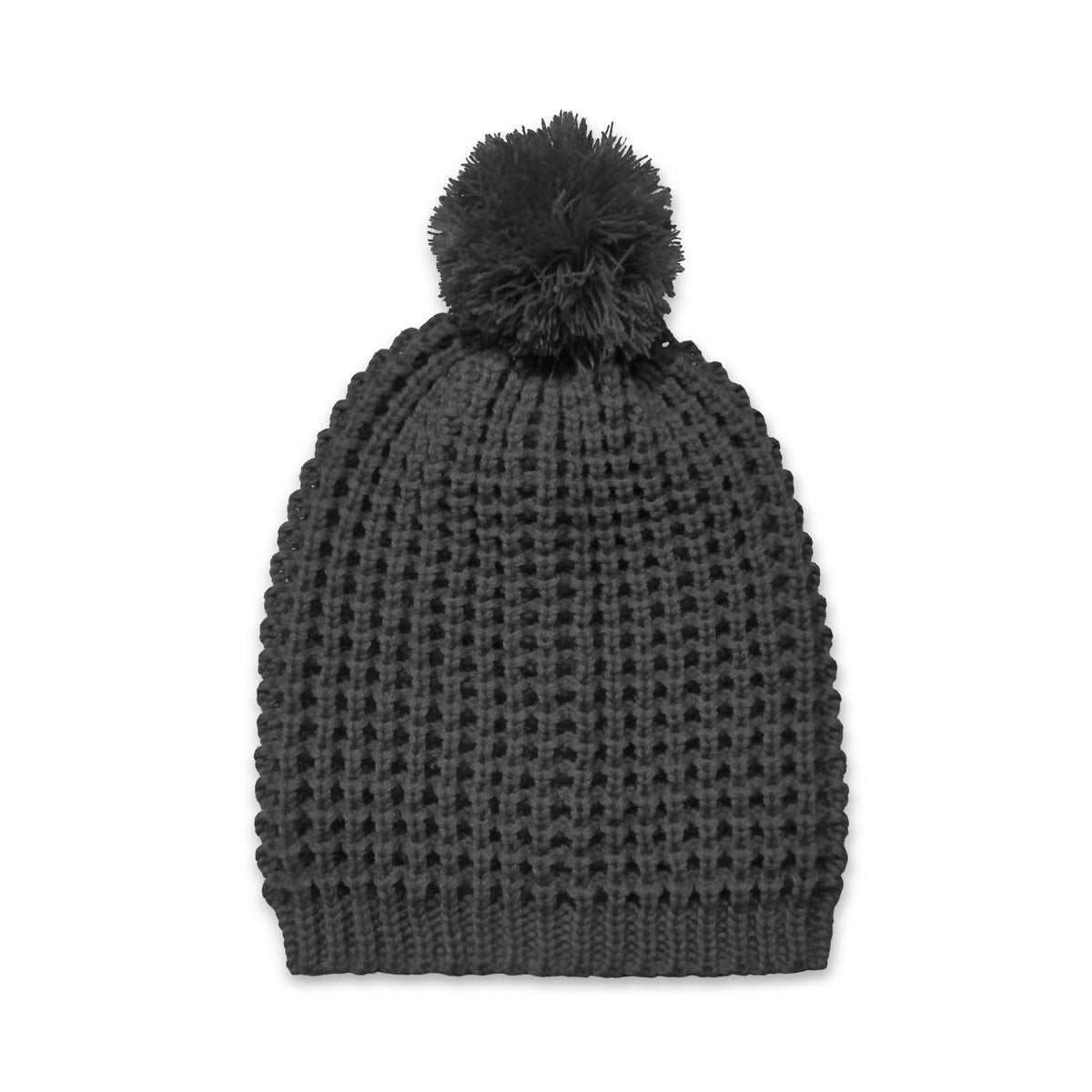 Black textured knit beanie with ribbed cuff and pom-pom