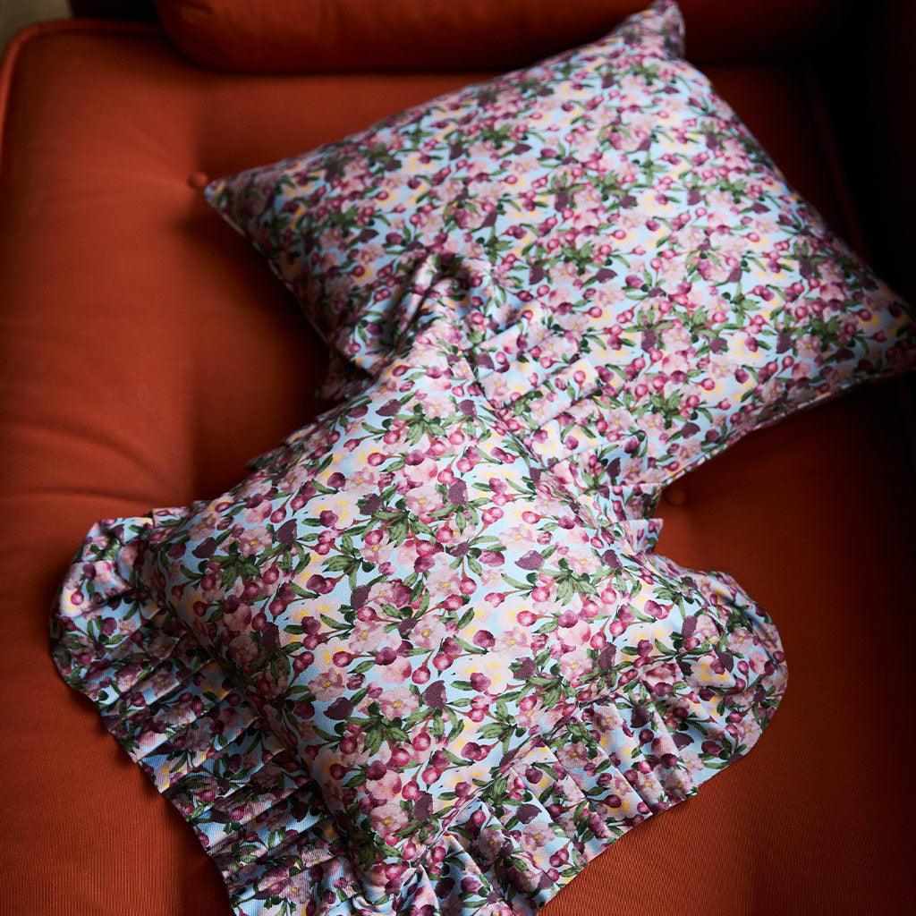 Floral ruffled pillow cover, pink and purple botanical print with pleated edge