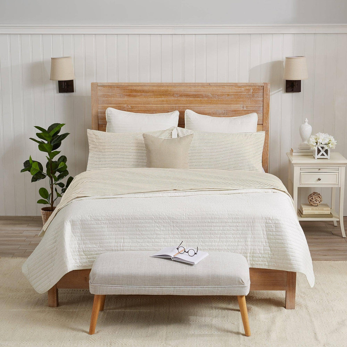 Striped microfiber sheet set with white top sheet and tan stripe pillowcases