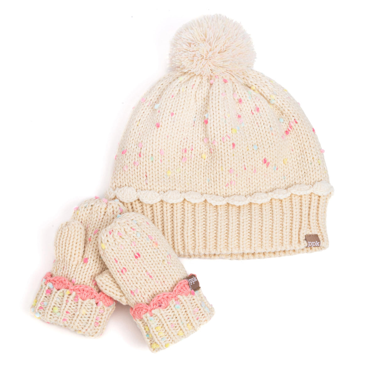 Cream speckled knit beanie and matching mittens with pink cuff trim and pom-pom.