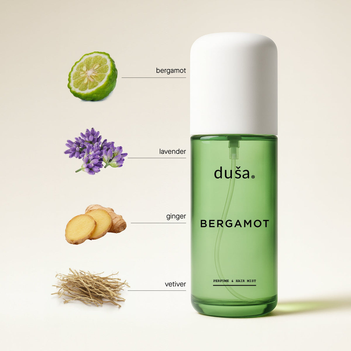 Bergamot perfume mist hair and body spray bottle with bergamot, lavender, ginger, and vetiver