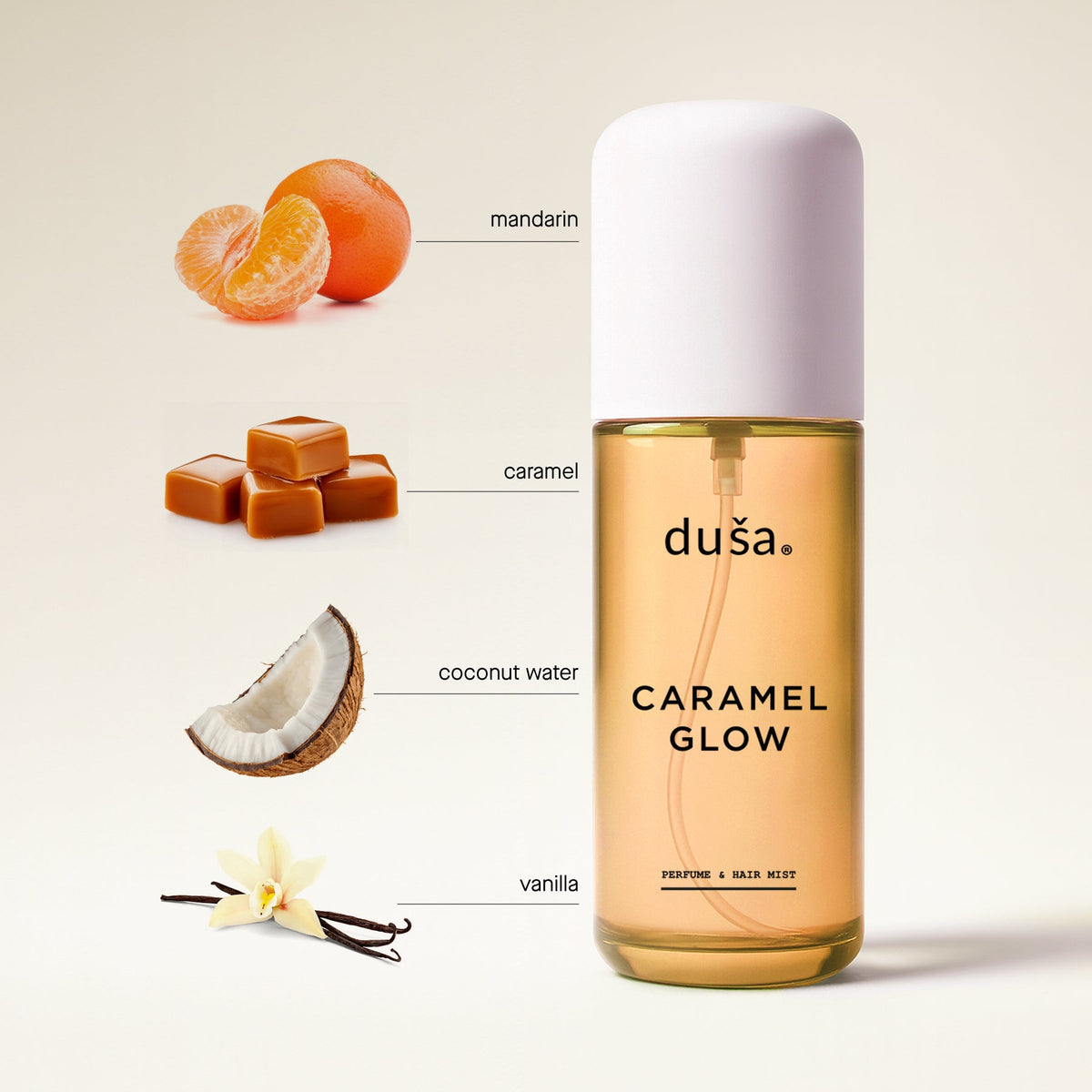 CARAMEL GLOW perfume mist bottle with cap and ingredient accents