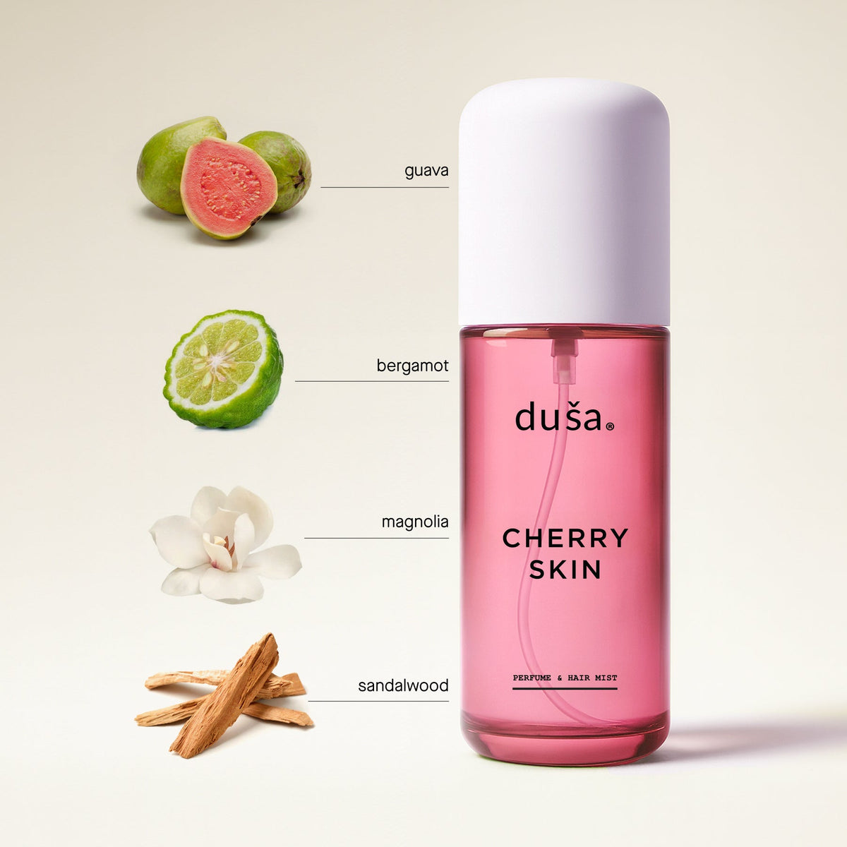 CHERRY SKIN hair and body perfume mist bottle, pink with white cap