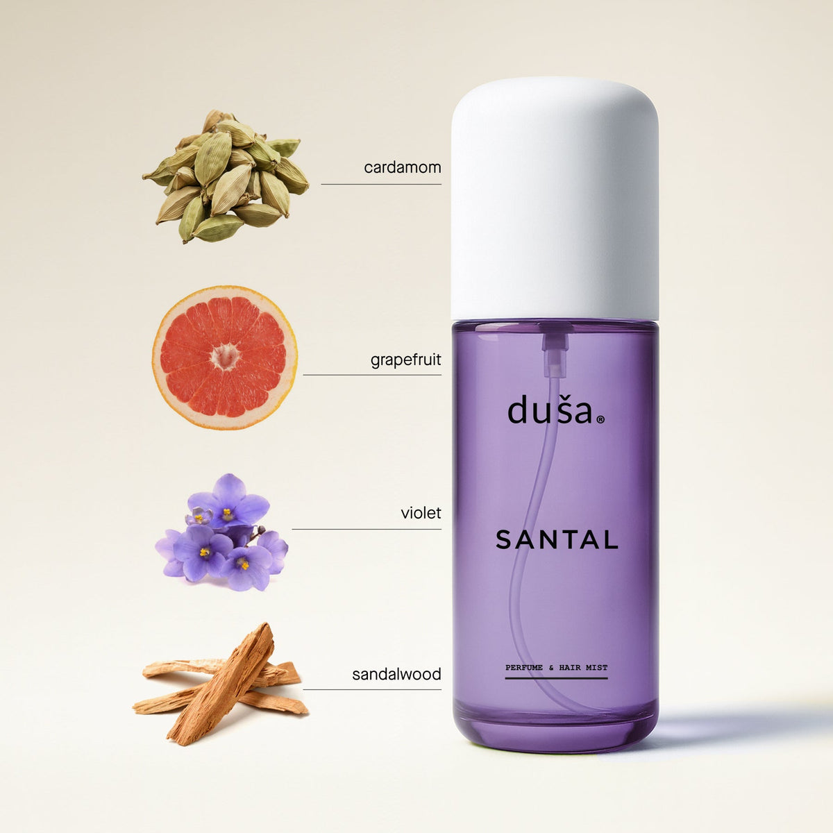 SANTAL perfume mist bottle with white cap, purple liquid and floral ingredients
