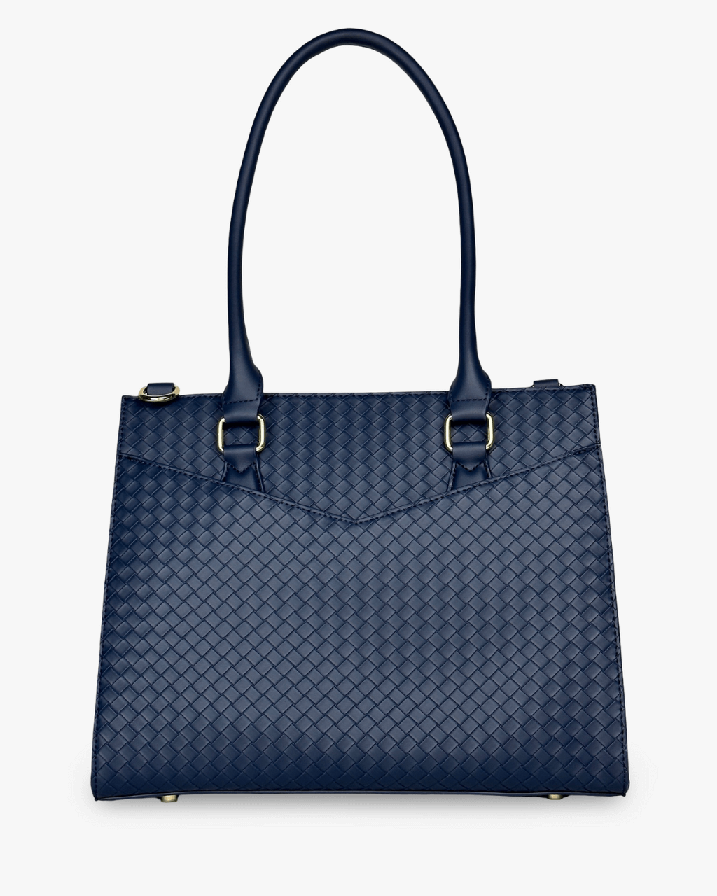 Back of the woven tote, showing a wide slip pocket and long handles