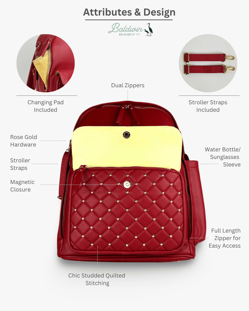 Open crimson diaper bag with a changing pad, dual zippers, and quilted front pocket.