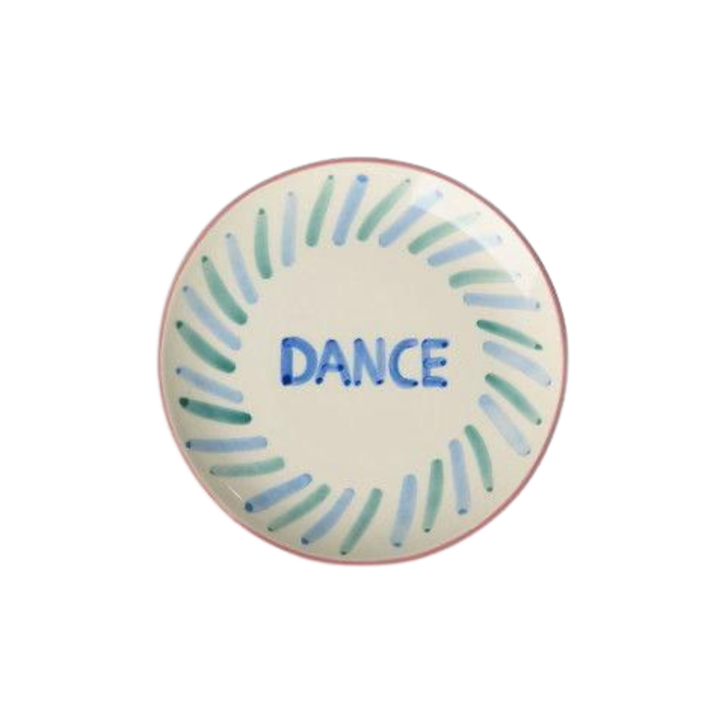 Round ceramic cake plate with hand-painted "DANCE" and teal brush-stroke border