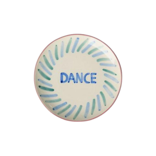 Round ceramic cake plate with hand-painted "DANCE" and teal brush-stroke border