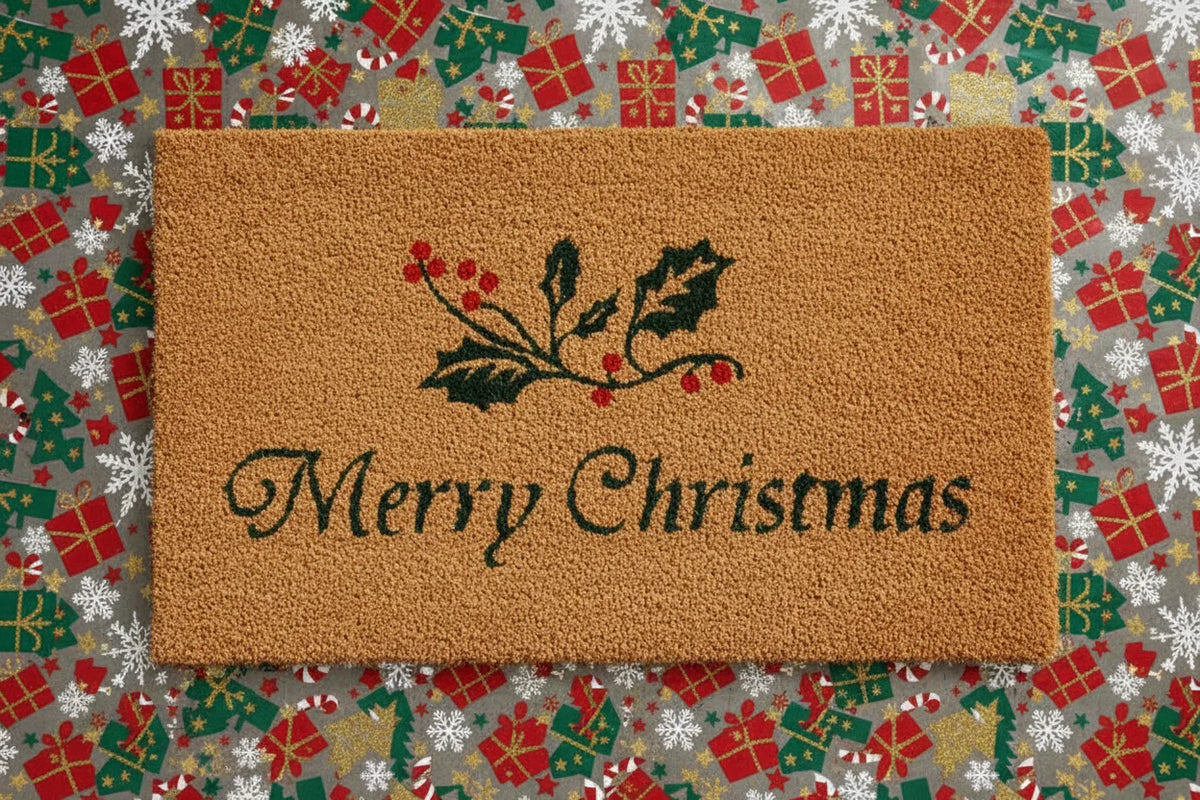 Tan coir doormat with holly sprig and "Merry Christmas" text