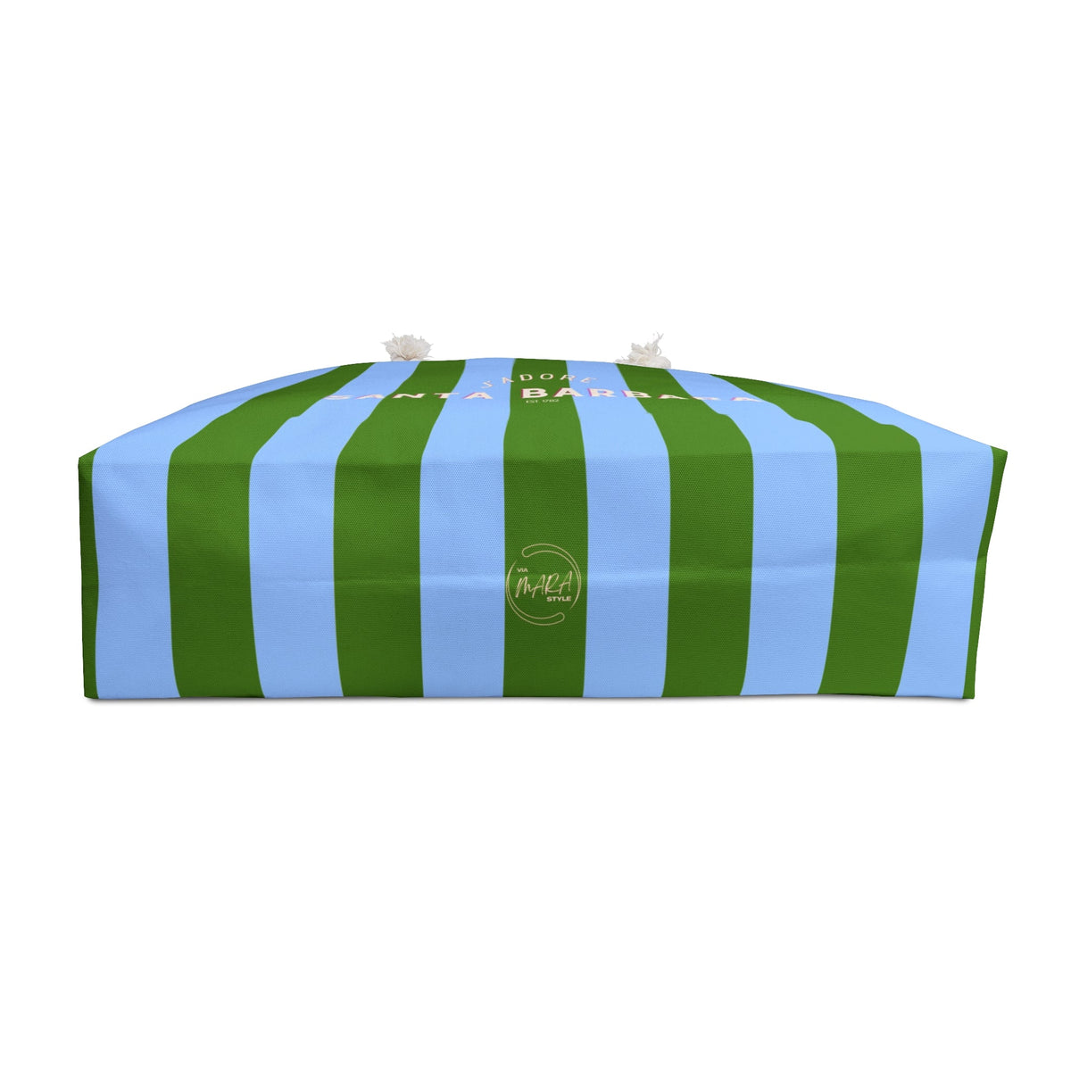 Striped weekender tote bag with rope handles, green and ice-blue stripes, logo patch