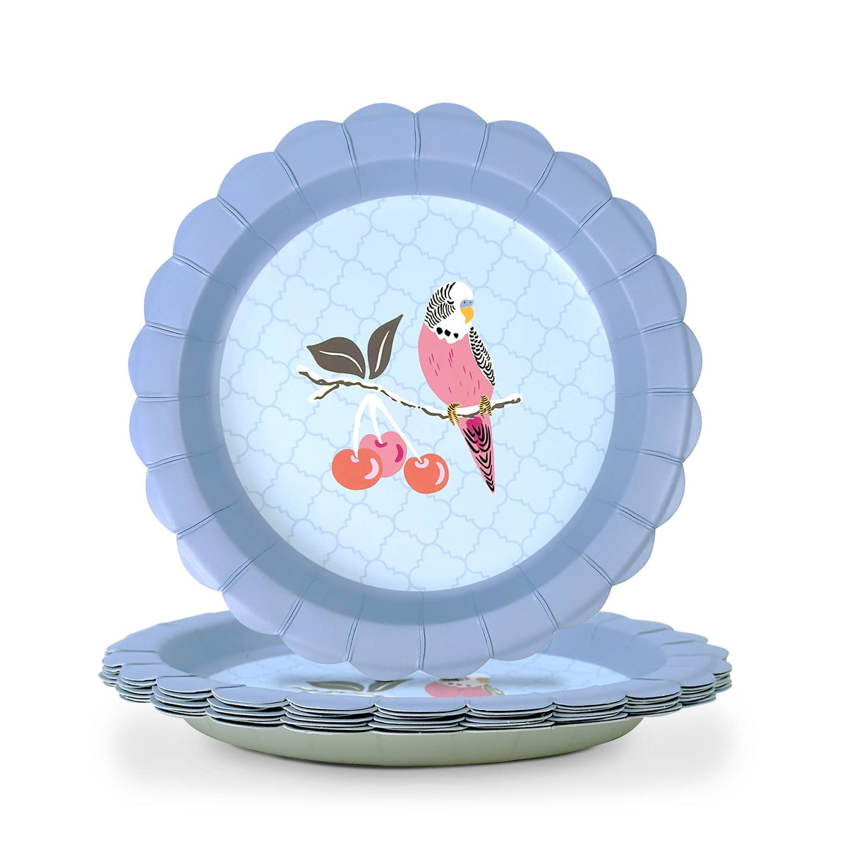 Scalloped light blue dessert plates, bird and cherries illustration on white center