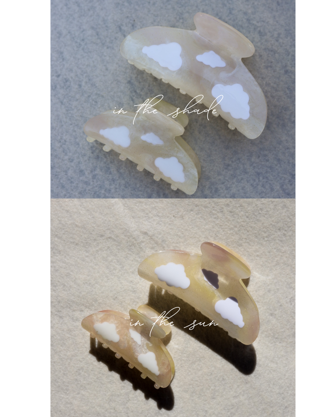 Color-changing translucent claw-shaped charms, white cloud pattern on clear and gold