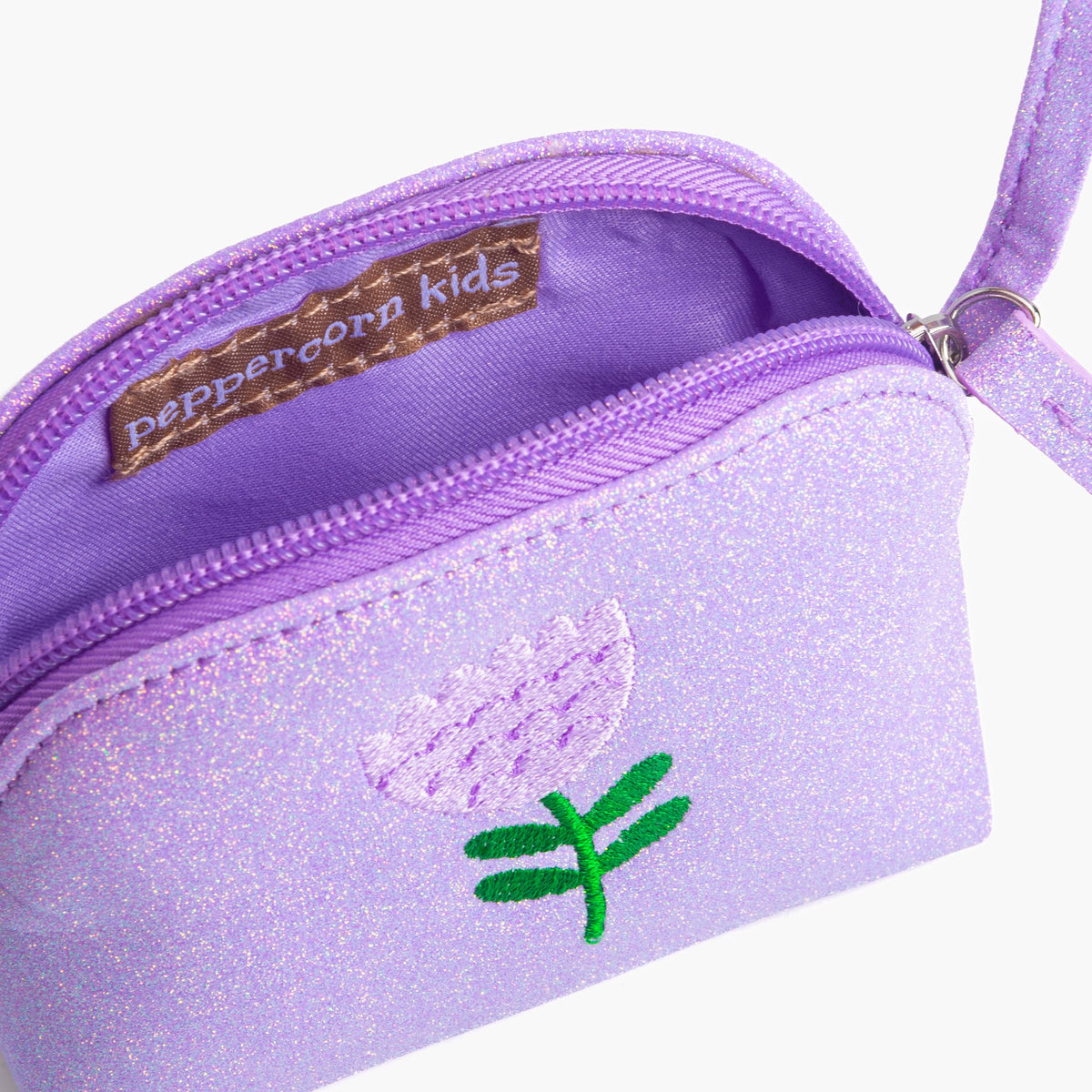 Purple glitter purse with zipper and embroidered flower, shown open