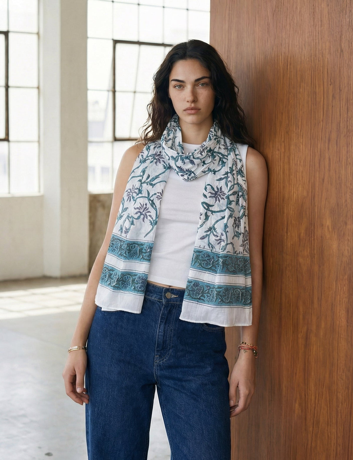Vintage floral scarf worn around neck, white with blue-green floral print and teal border