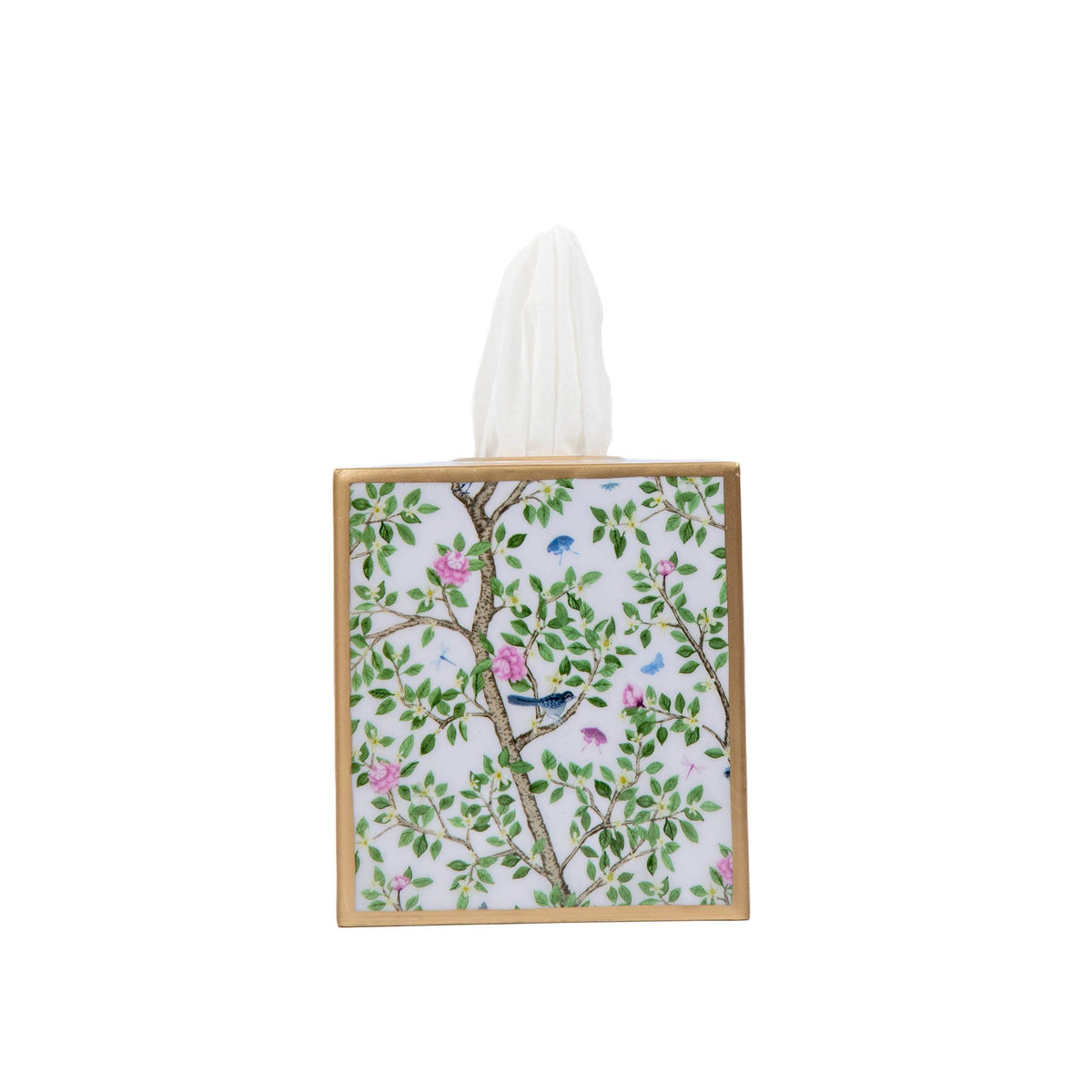 Decorative tissue box cover featuring a single tree branch print with pink flowers