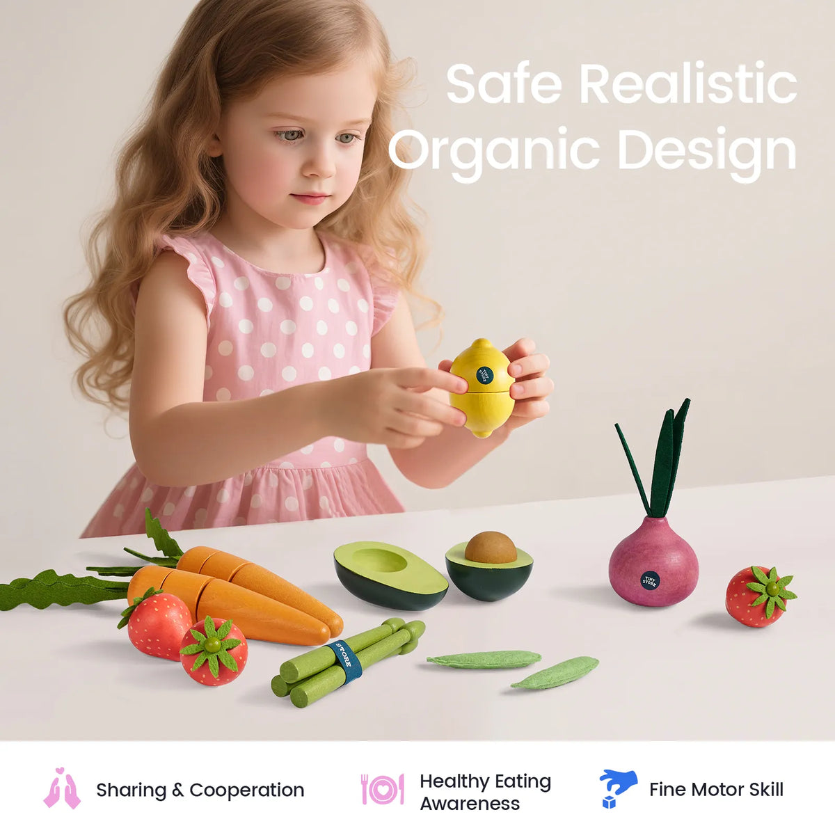Organic-style play food set with child holding a lemon-shaped toy; pieces scattered on table.