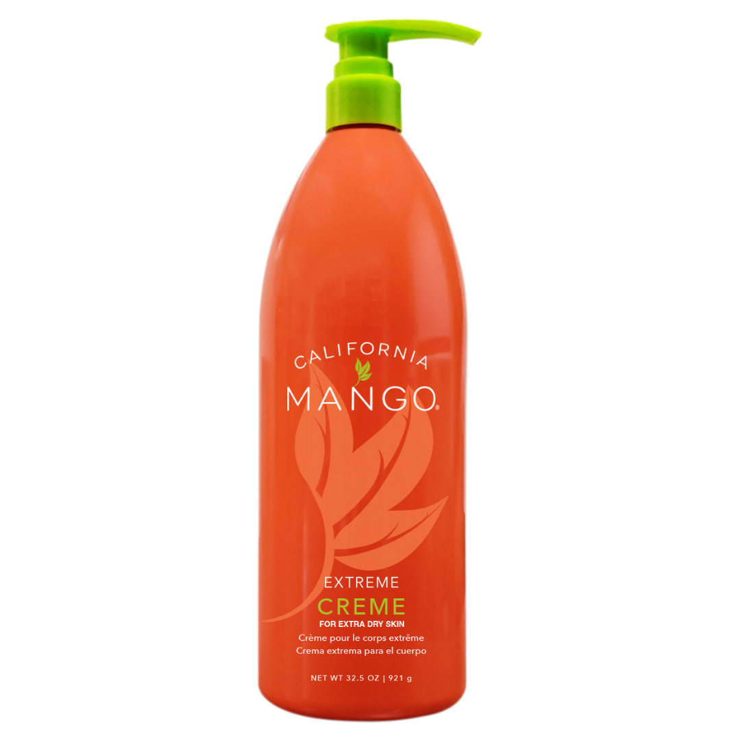 Orange pump dispenser bottle, green top, 'California Mango' cream label