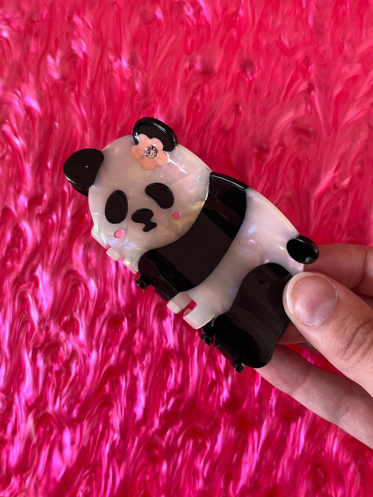 Panda animal hair claw clip, clear pink base with black-and-white cartoon face
