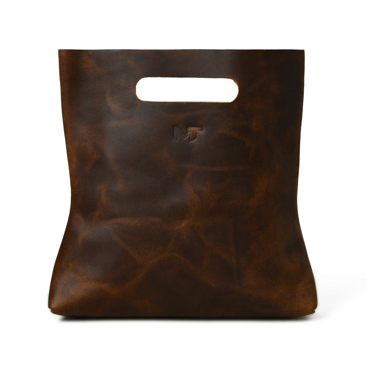 Brown leather handbag front view with top handle cutout and embossed logo