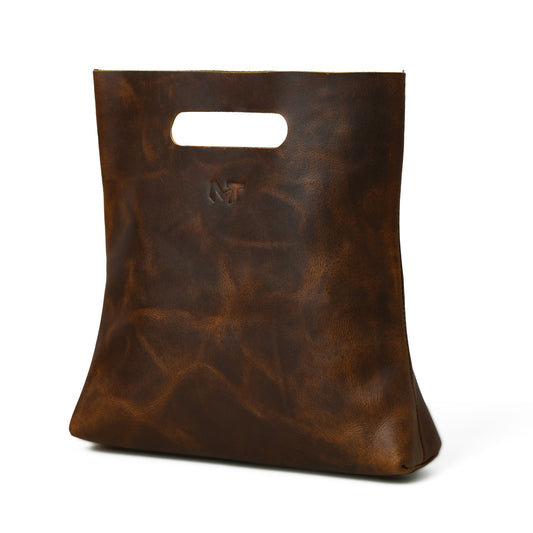 Brown leather handbag with top handle cutout and embossed logo detail