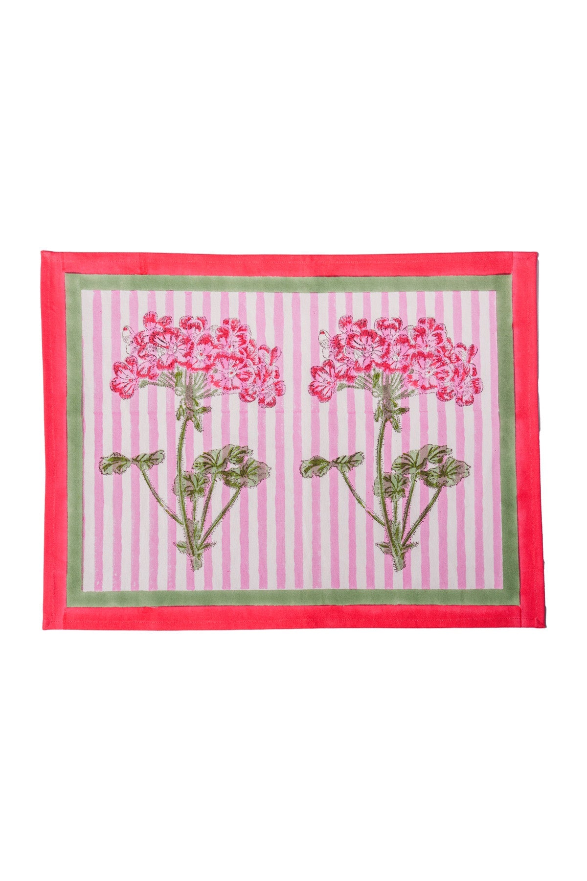 Pink striped placemat with pink hydrangea floral blockprint, red border, set of 2