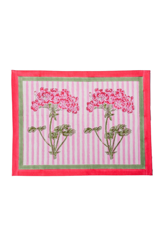 Pink striped placemat with pink hydrangea floral blockprint, red border, set of 2