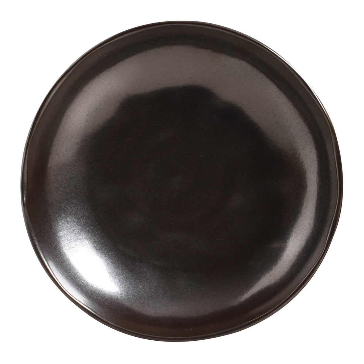 Single dark round ceramic pasta plate with glossy reactive glaze and shallow bowl shape.