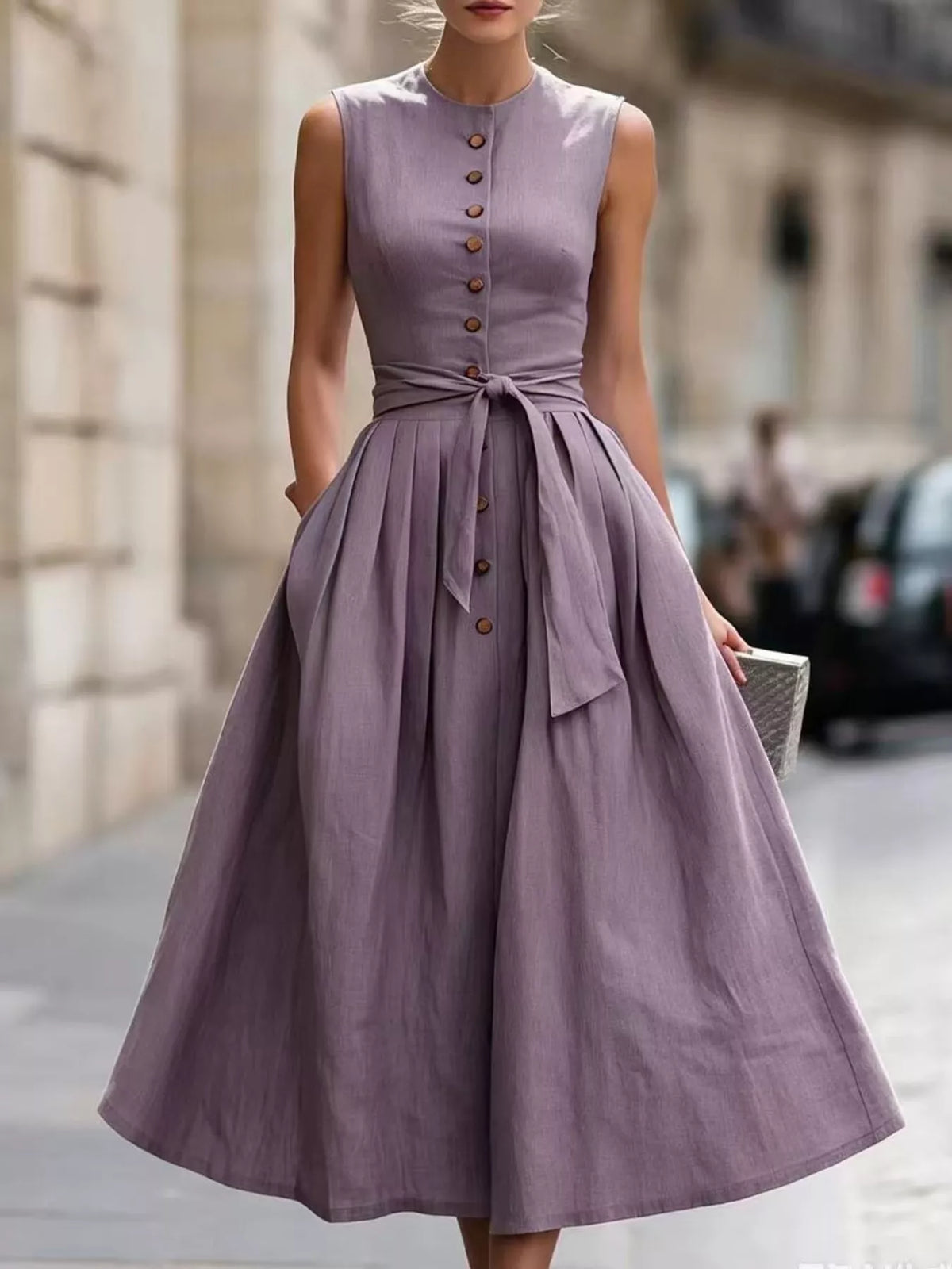 Vintage-Inspired Belted Sleeveless Midi Dress