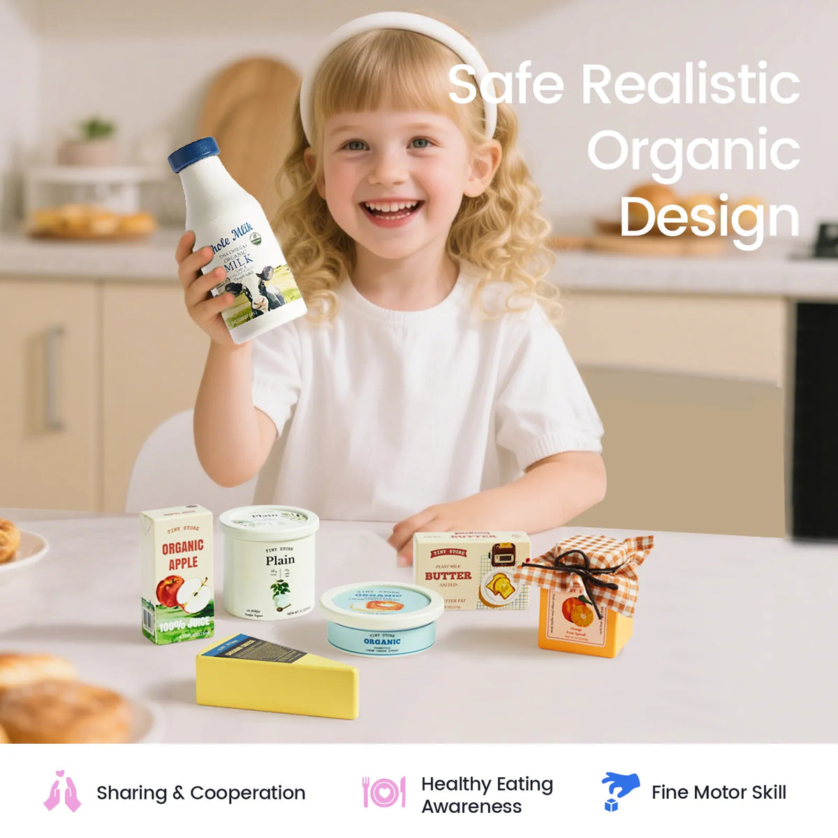 Kids dairy play food set with milk bottle, cheese tub, and butter block