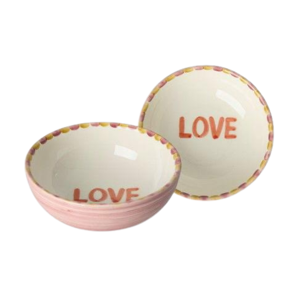 Hand-painted ceramic bowl, pink rim and orange LOVE lettering