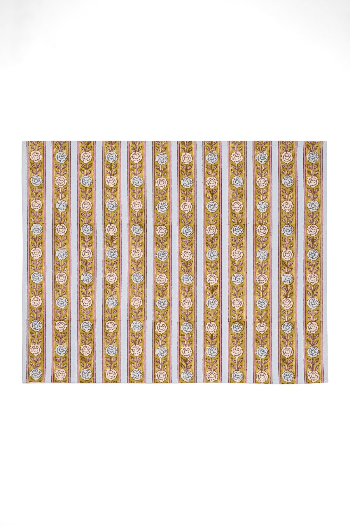 Blue floral striped placemat with repeating vertical floral pattern