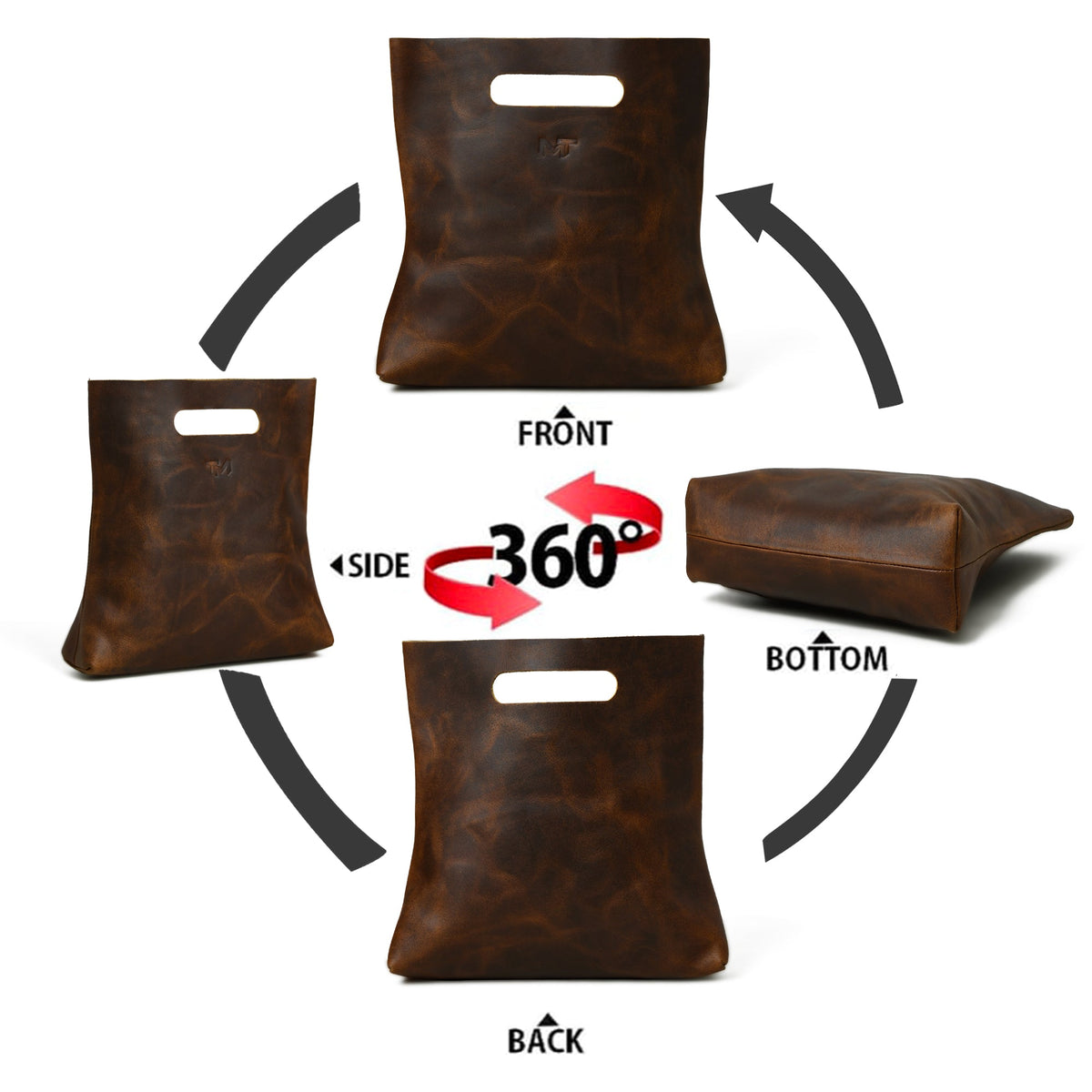 Brown leather handbag 360-style view showing front, sides, and back angles