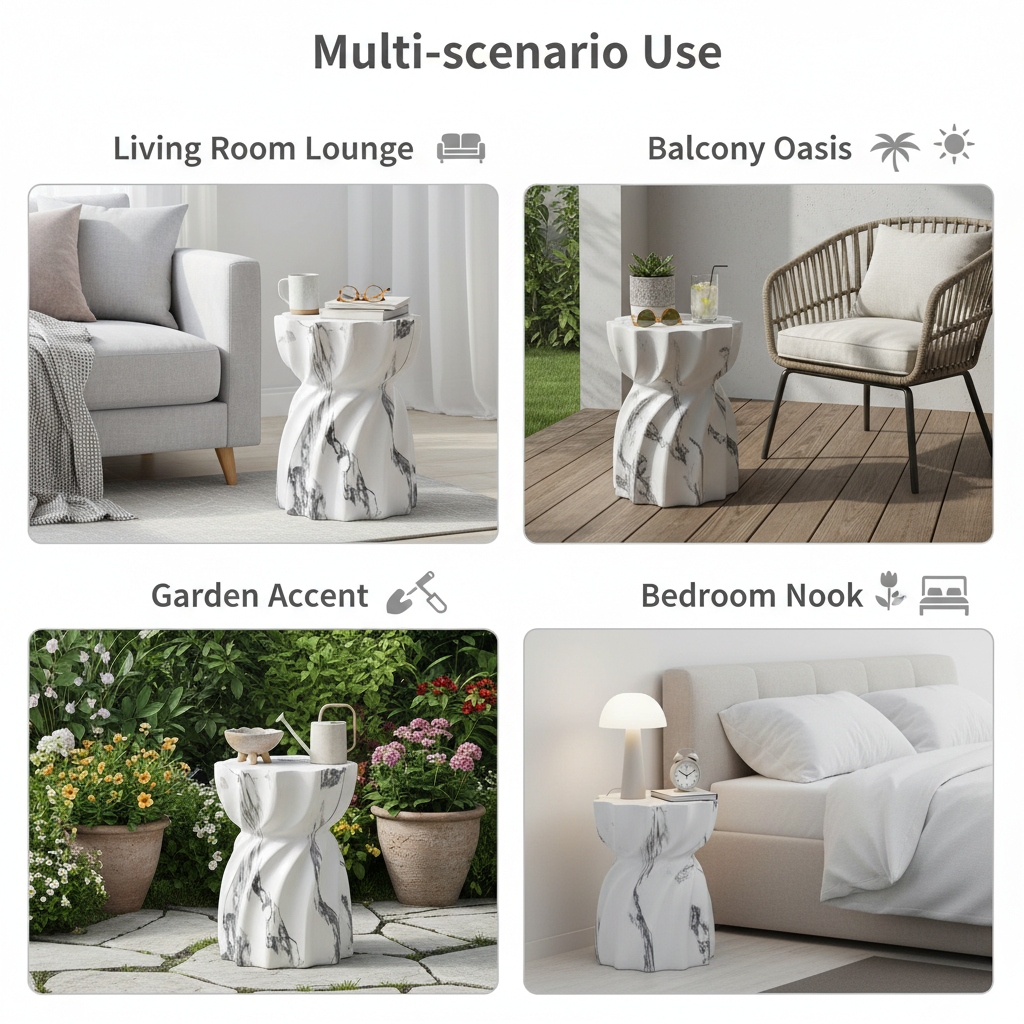 Sculptural marble-look side table shown in indoor and outdoor settings