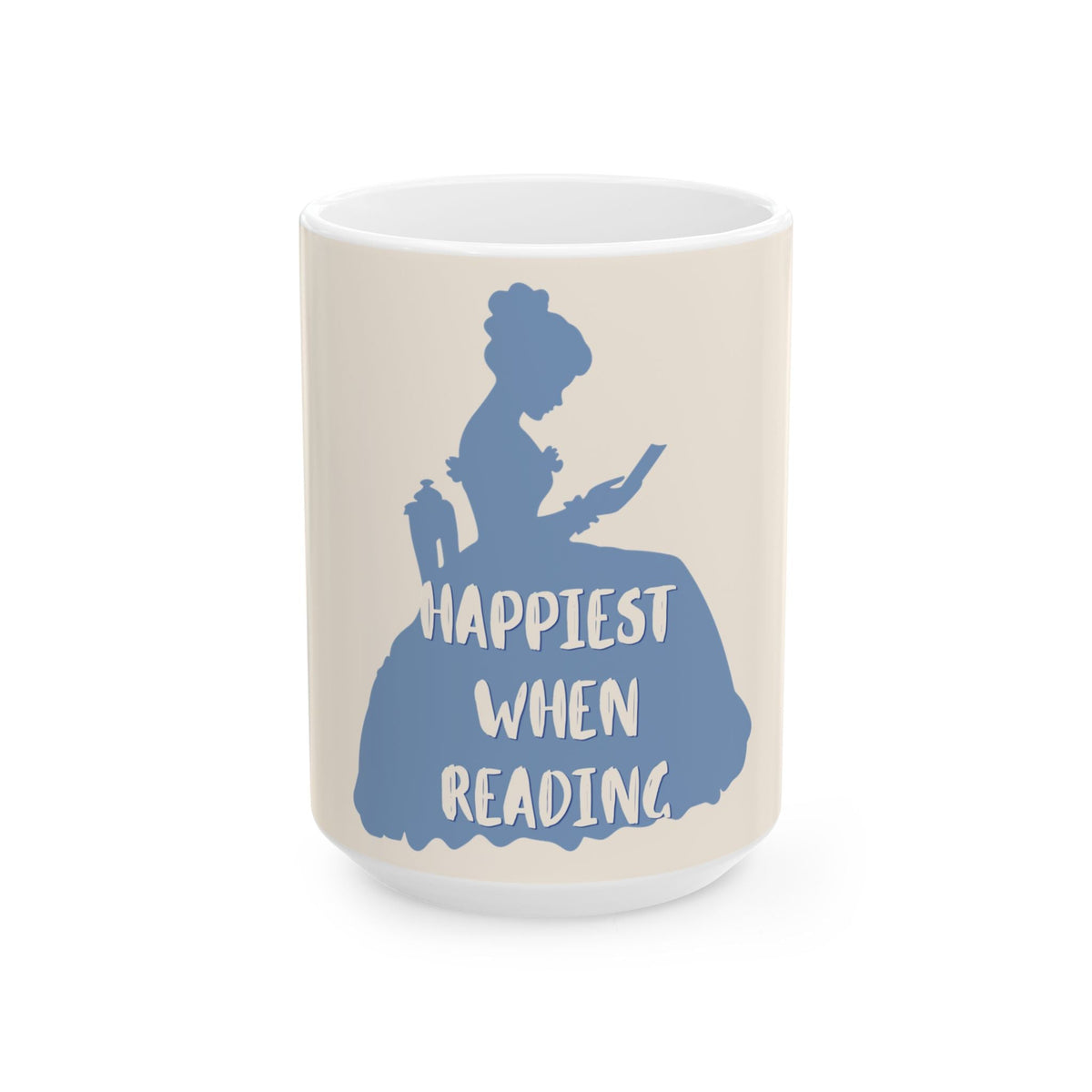 Ceramic mug with blue 'Happiest When Reading' text and reading figure on front