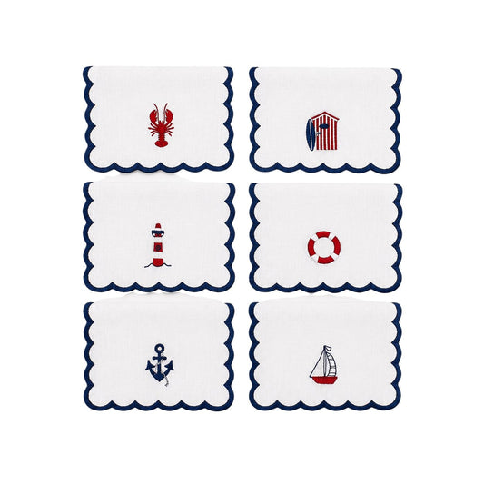 Set of 6 embroidered nautical cocktail napkins, white with navy scalloped trim and red motifs