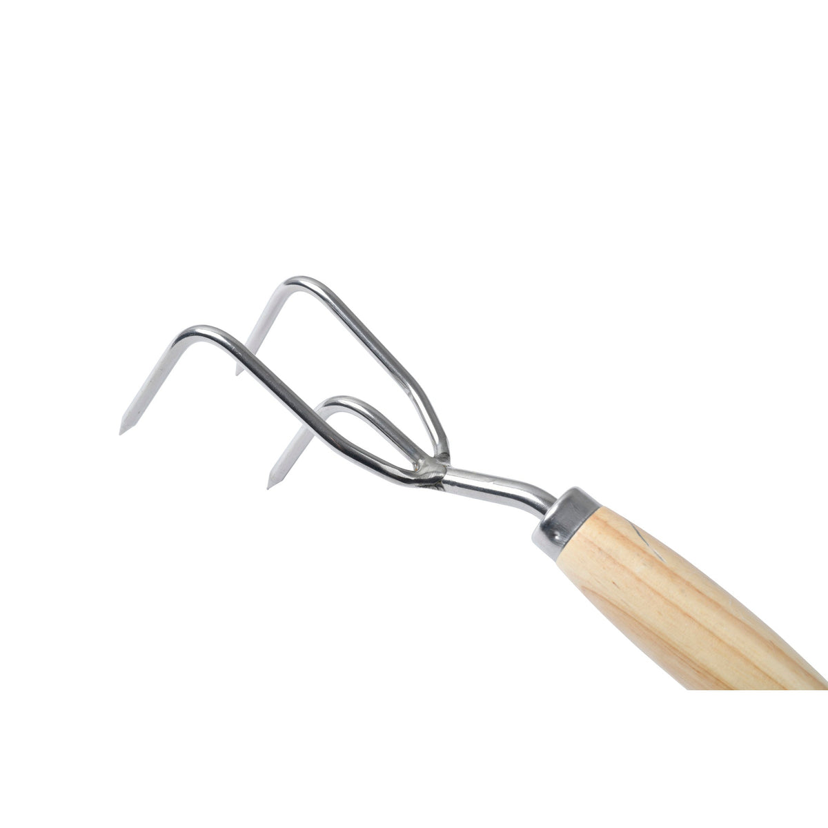 Stainless steel claw cultivator with curved tines and light wood mid handle