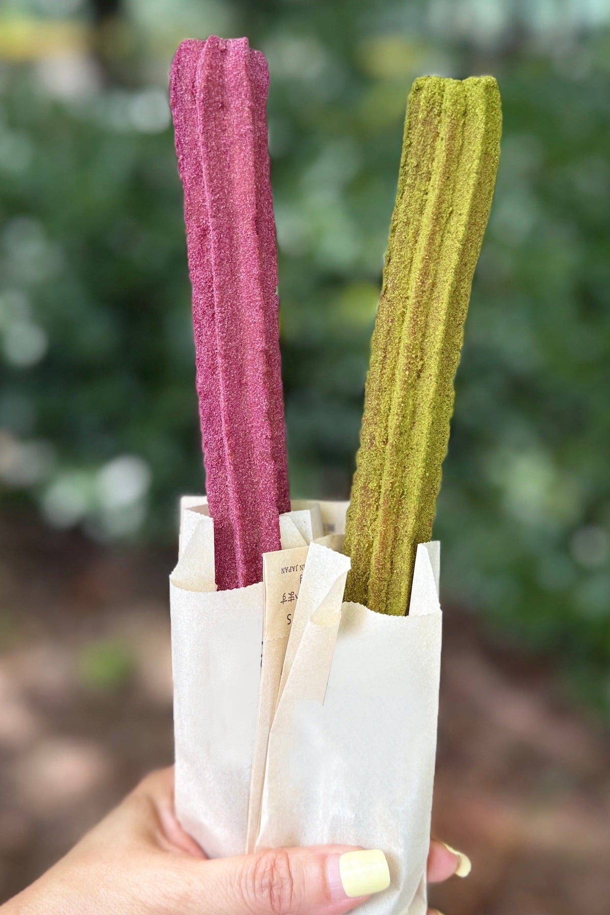 Churros motif on bandana fabric: two striped churros in paper bags, pink and green