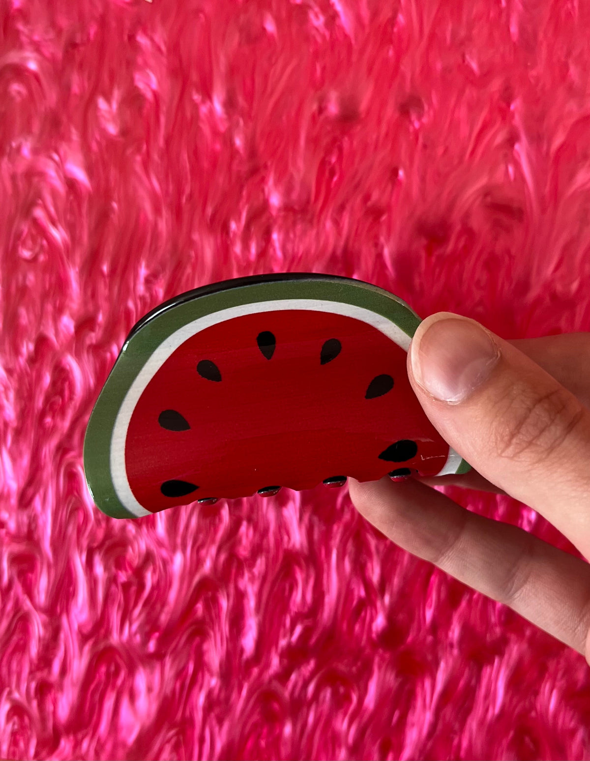 Watermelon fruit hair claw with green rind and black seed pattern