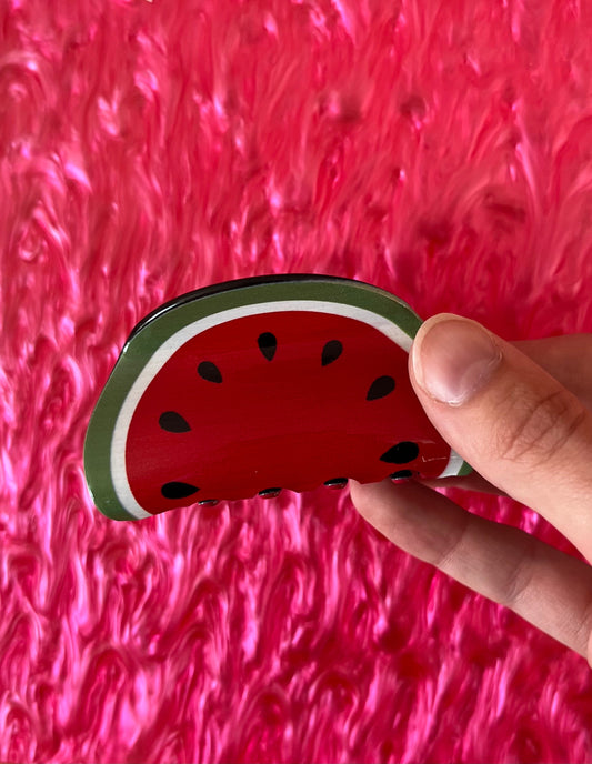 Watermelon fruit hair claw with green rind and black seed pattern