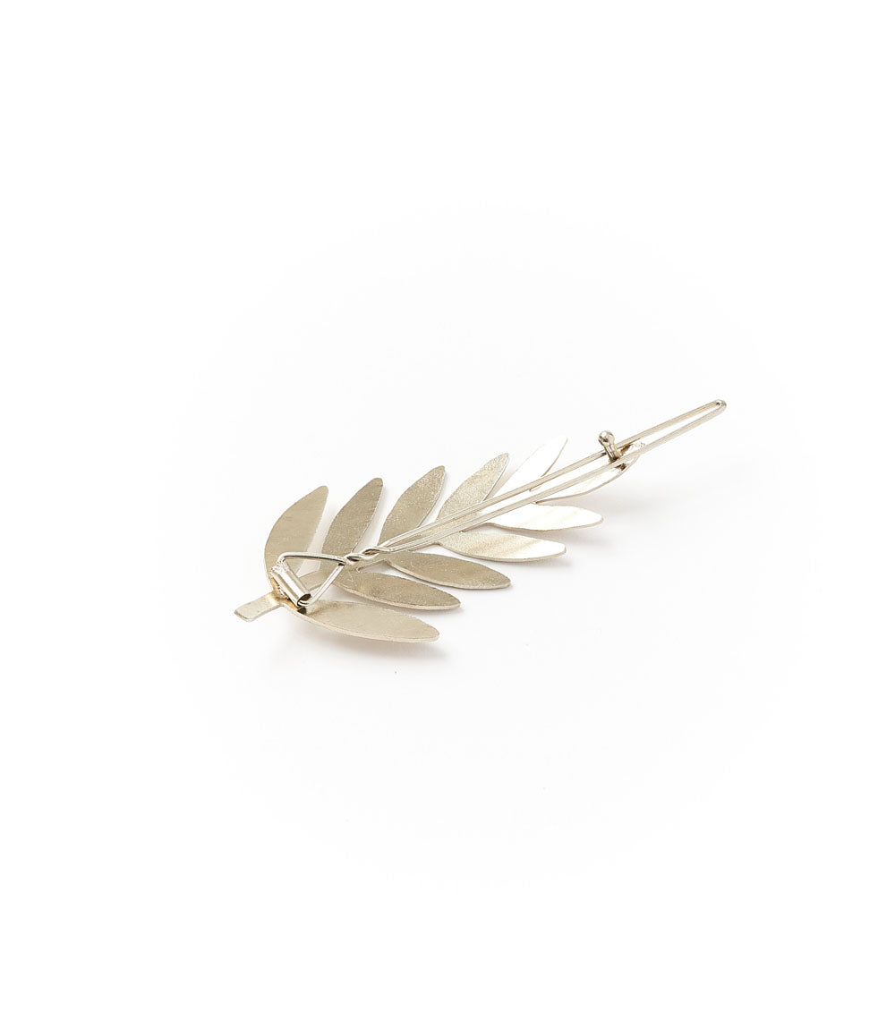 Silver fern leaf hair barrette clip with angled metal bar and spring hinge clasp