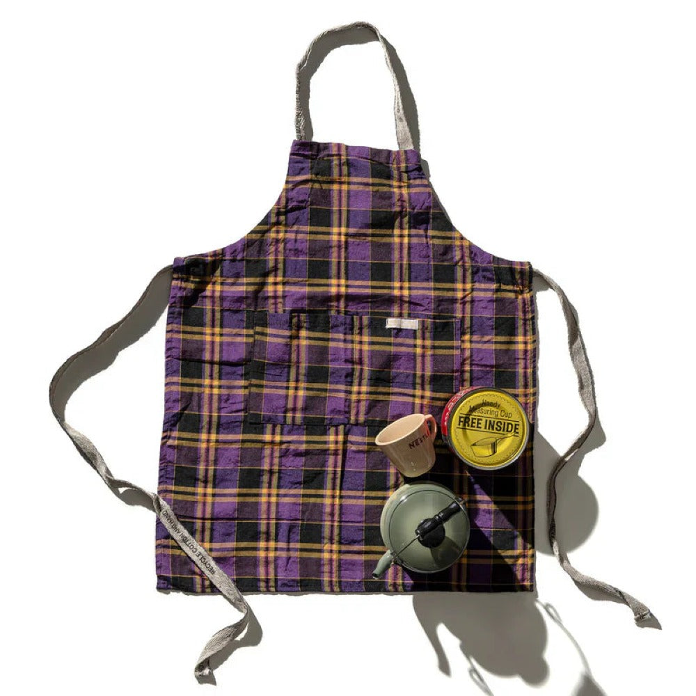 Plaid apron with adjustable straps and front pocket, purple and yellow with black trim