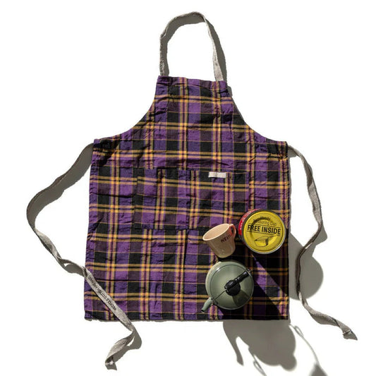 Plaid apron with adjustable straps and front pocket, purple and yellow with black trim