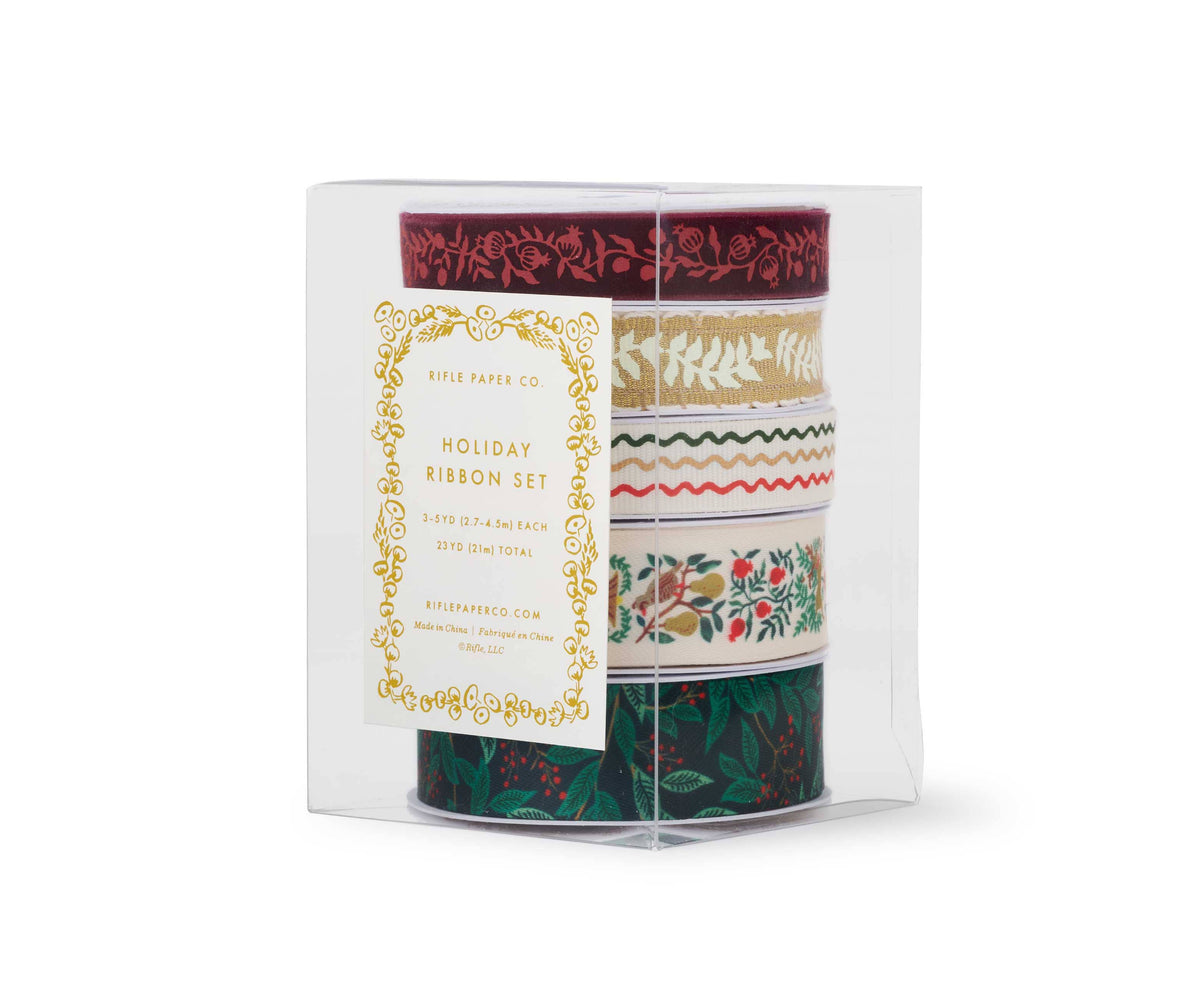 Set of 5 assorted patterned ribbon rolls in clear gift box