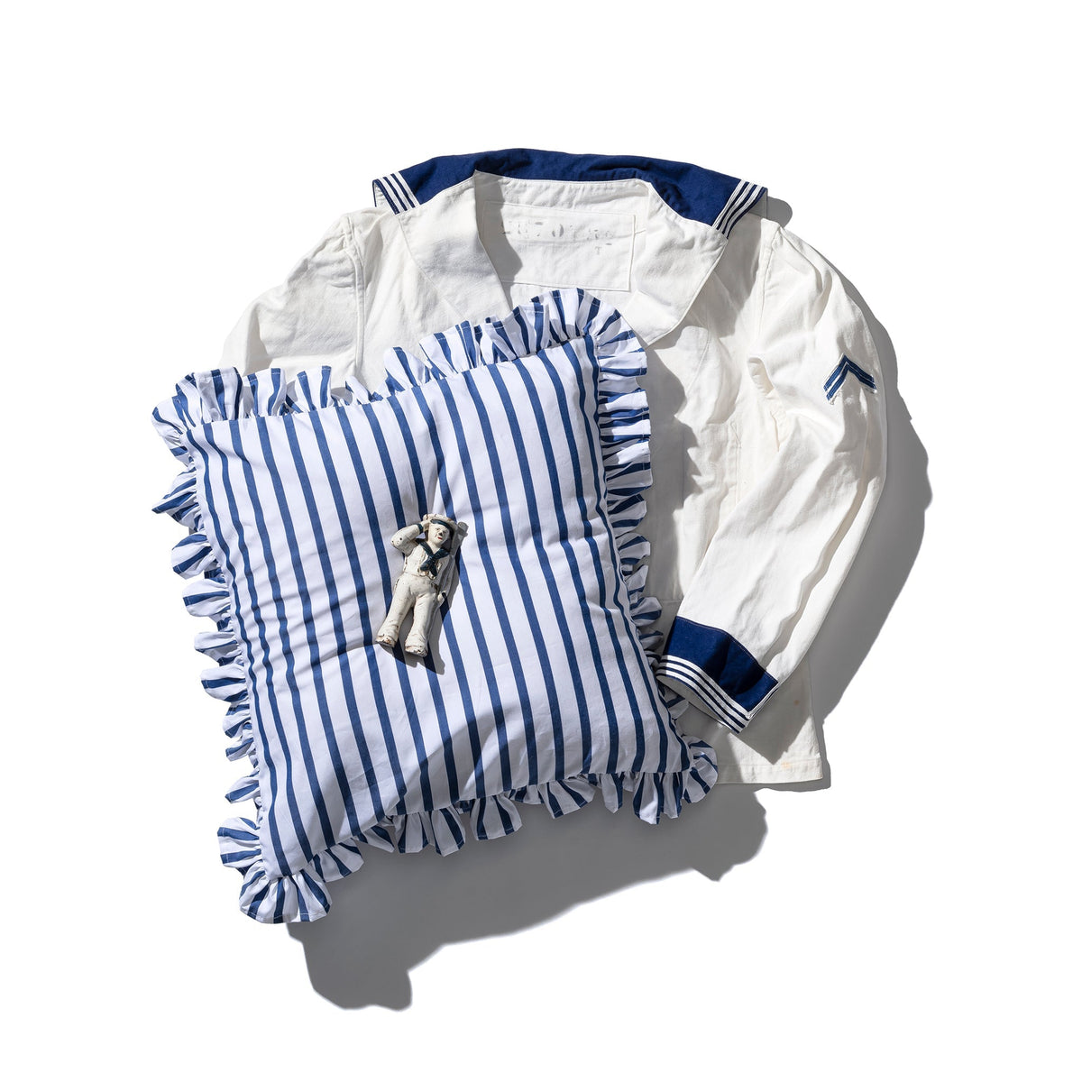 Blue and white vertical stripe ruffle cushion cover with gathered edges